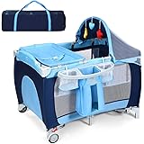 HONEY JOY Pack and Play with Bassinet, 4-In-1 Portable Baby Playard with Changing Table, Net & Cute Toys, Diaper Storage Bag,