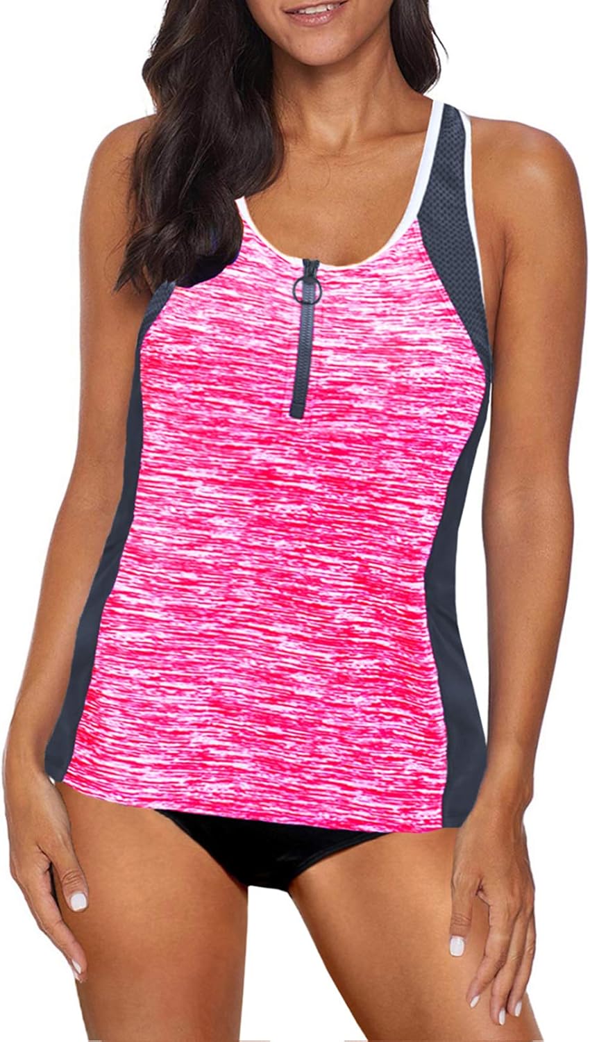 FOBEXISS Women's 2Pcs Scoop Neck Zipper Color Block Tankini Sets Racer