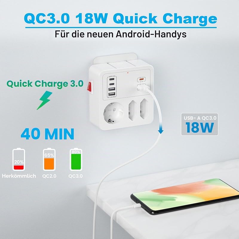 Mehrfachstecker für Steckdose USB C PD20W Schnellladung, mit Handy Ablage