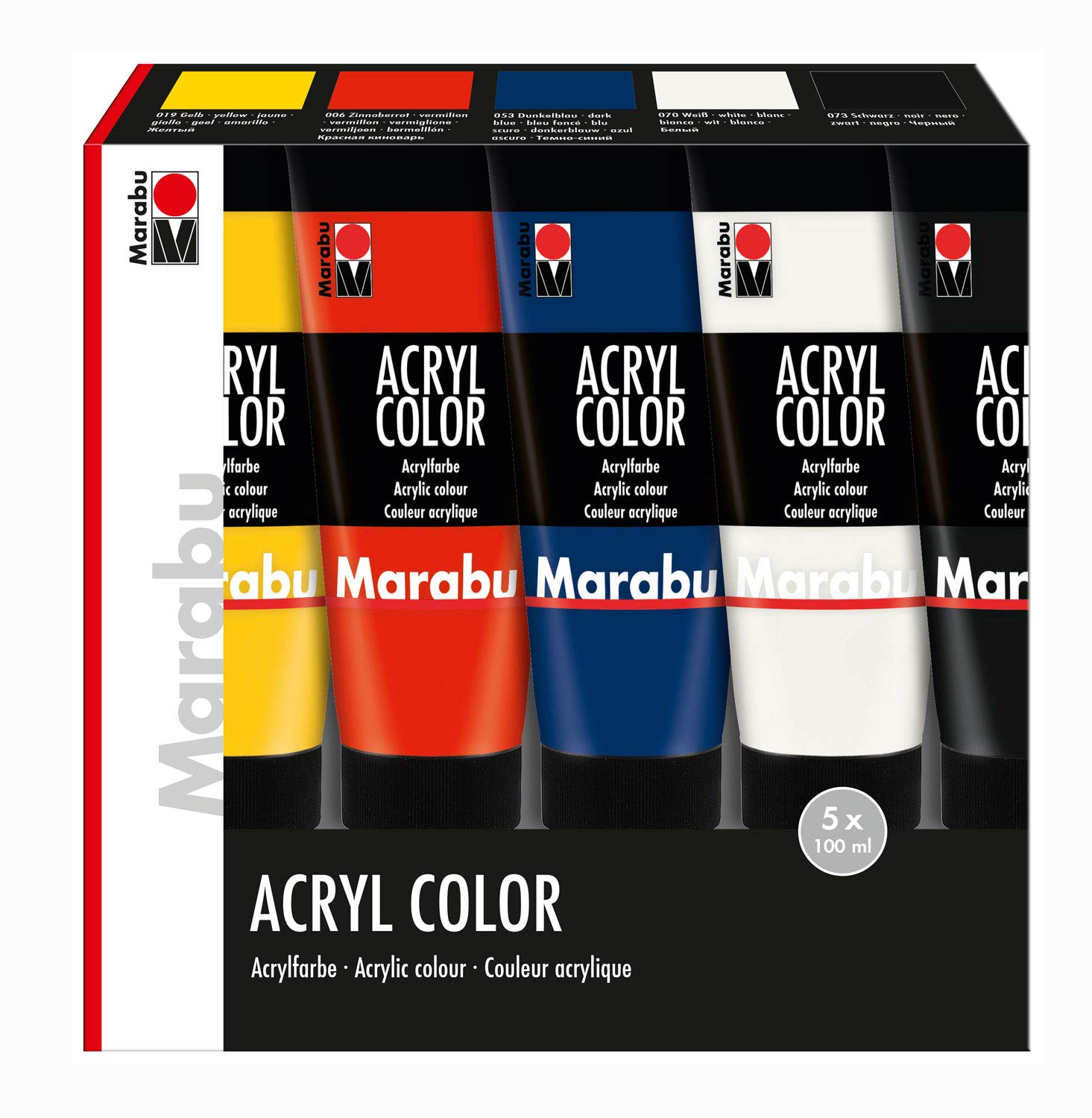 Marabu 120100000087 Acrylic Paint Set, Creamy Acrylic Paint Water-Based, Quick Drying, for Application with Brush or Sponge, 5 x 100 ml in Yellow, Vermilion Red, Dark Blue, White and Black