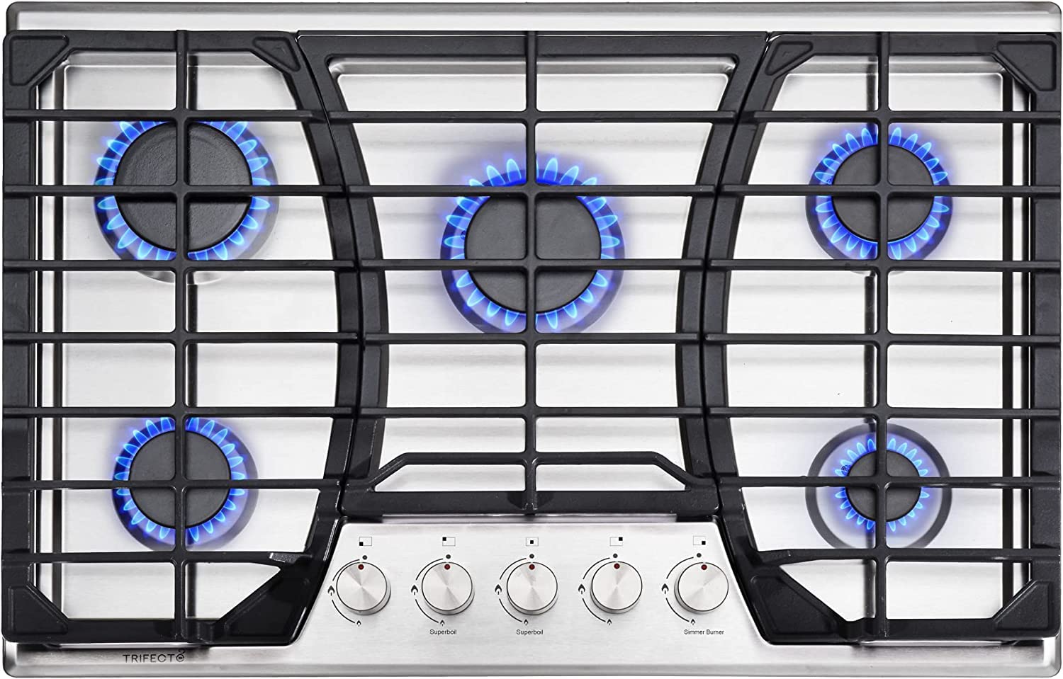 Trifecte 30 Inch Stainless Steel Gas Cooktop, Built-in Gas Stove Top with 5 Italy SABAF Sealed Burners Dual Fuel NG/LPG Convertible Gas Hob with Thermocouple Protection (Gas Regulator Not Included)