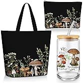 FoldTier 3 Pcs Plant Lover Gifts Spring Aesthetic Valentines Gifts for Women Mom Grandma, Floral Canvas Tote Bag, 16 oz Coffee Cup with Straw Lid, Makeup Bag for Baby Shower, Wedding(Black,Mushroom)