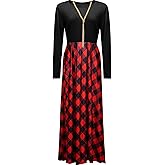 Women Christmas Plaid Maxi Dresses with Necklace Pocket Long Sleeve High Waist Plaid Skirts for Holiday