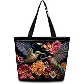 ZhuVantrix Floral Hummingbird Tote Bag Reusable Grocery Bags Cute Aesthetic Shopping Shoulder Handbag with Interior Zipper Pocket Stylish Floral Hummingbird Present for Women -2