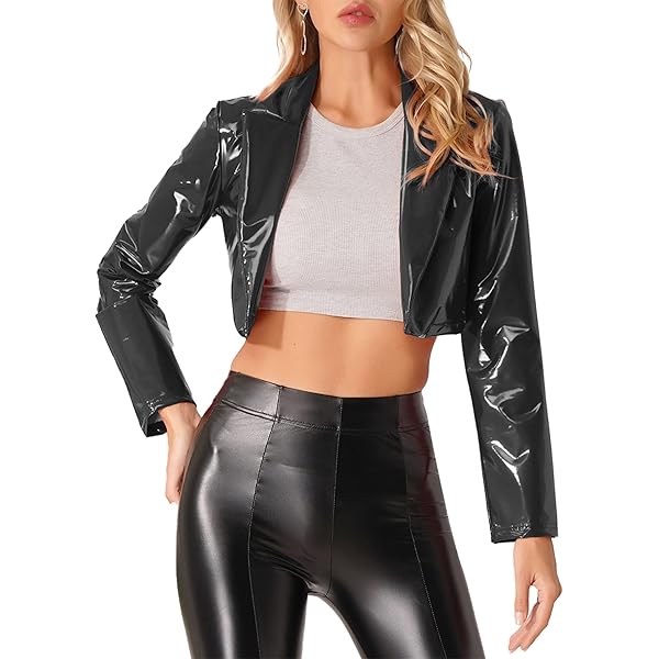 easyforever Women's Patent Leather Jacket Shiny Metallic