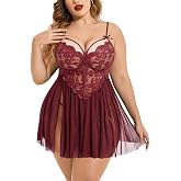Avidlove Plus Size Lingerie Lace Babydoll V Neck Chemise Mesh Sleepwear | Flattering plus size babydoll with sexy lace cups, side slit mesh skirt, and adjustable straps for a perfect curvy fit