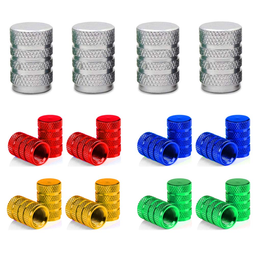 senvenelec 20 color aluminum tire valve dust caps, used in automobiles, motorcycles, and bicycles that prevent air leakage, silver, red, blue, gold, and green.