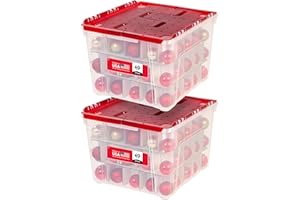 IRIS USA Ornament Storage Box with Attached Lid, Stores 75 Ornaments per Bin, 2-Pack, Stackable Durable Christmas Storage Organization Container Bin for Holiday Decorations and Accessories, Clear/Red