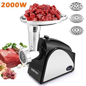 Electric Meat Grinder 2000W, Food Meat Grinders with 3 Stainless Grinding Plates and Sausage Stuffing Tubes for Home Use &Commercial, Dishwasher safe