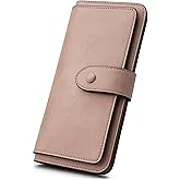 RFID Blocking Leather Wallet for Women, Slim Trifold with 14 Card Slots and Zipper Pocket (Dark Pink)