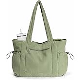 ECOHUB Large Corduroy Tote Bag for Women with Cup Holder & Luggage Sleeve & Laptop Compartment for Work Travel College Casual