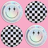 JarThenaAMCS 40Pcs Smile Face Paper Plates Iridescent Happy Face Checkered Disposable Plates 9 Inch Holographic Foil Dessert Plates for Birthday Baby Shower One Happy Dude Party