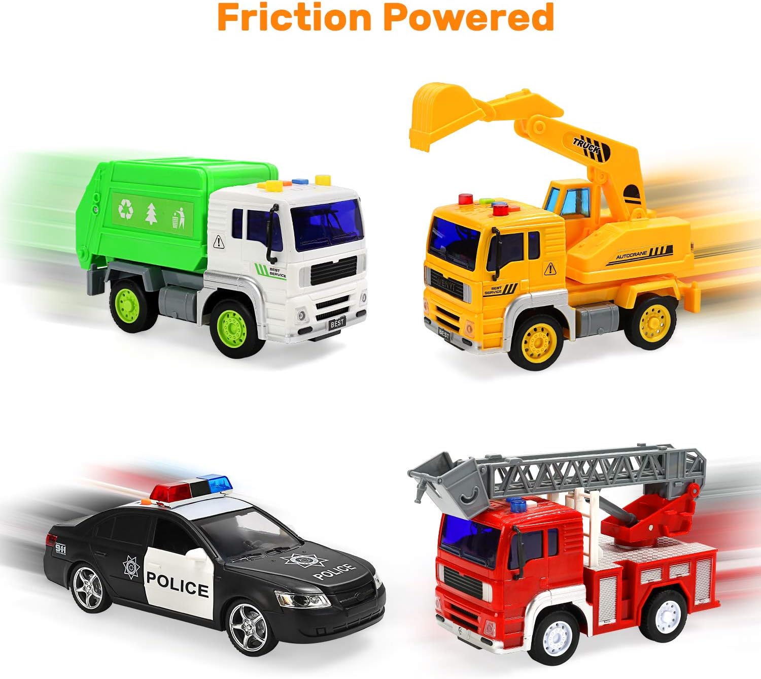 Fire Truck, Construction Truck, Police Car and Garbage Truck with Sound and Light, Pull Back Cars Push and Go Cars Friction Powered Play Vehicles for Toddler Boys and Girls: Toys & Games