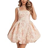 Women's Floral Jacquard Bubble Dress Mini Sleeveless Bow Tie Elegant Cocktail Party Dresses Short Backless Sundress