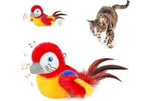 Lepawit Cat Toys Flapping Bird(Cannot Fly), Electric Simulated Chirping Bird Interactive Kitten Toy with Flappy Wings, Rechargeable Touch Activated Toy with Catnip and Feather for Indoor Cats - Red