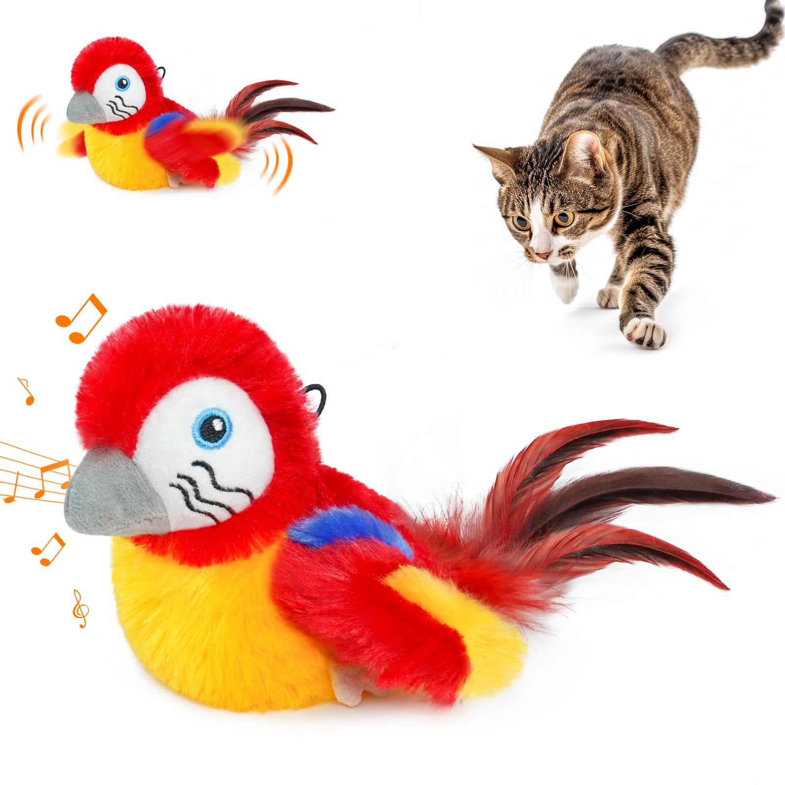 Lepawit Cat Toys for Indoor Cats, Interactive Cat Toy with Flappy Wings，Flapping Bird Cat Toy, Electric Simulated Chirping Bird, Rechargeable Touch Activated Cat Toys with Catnip and Feather - Red