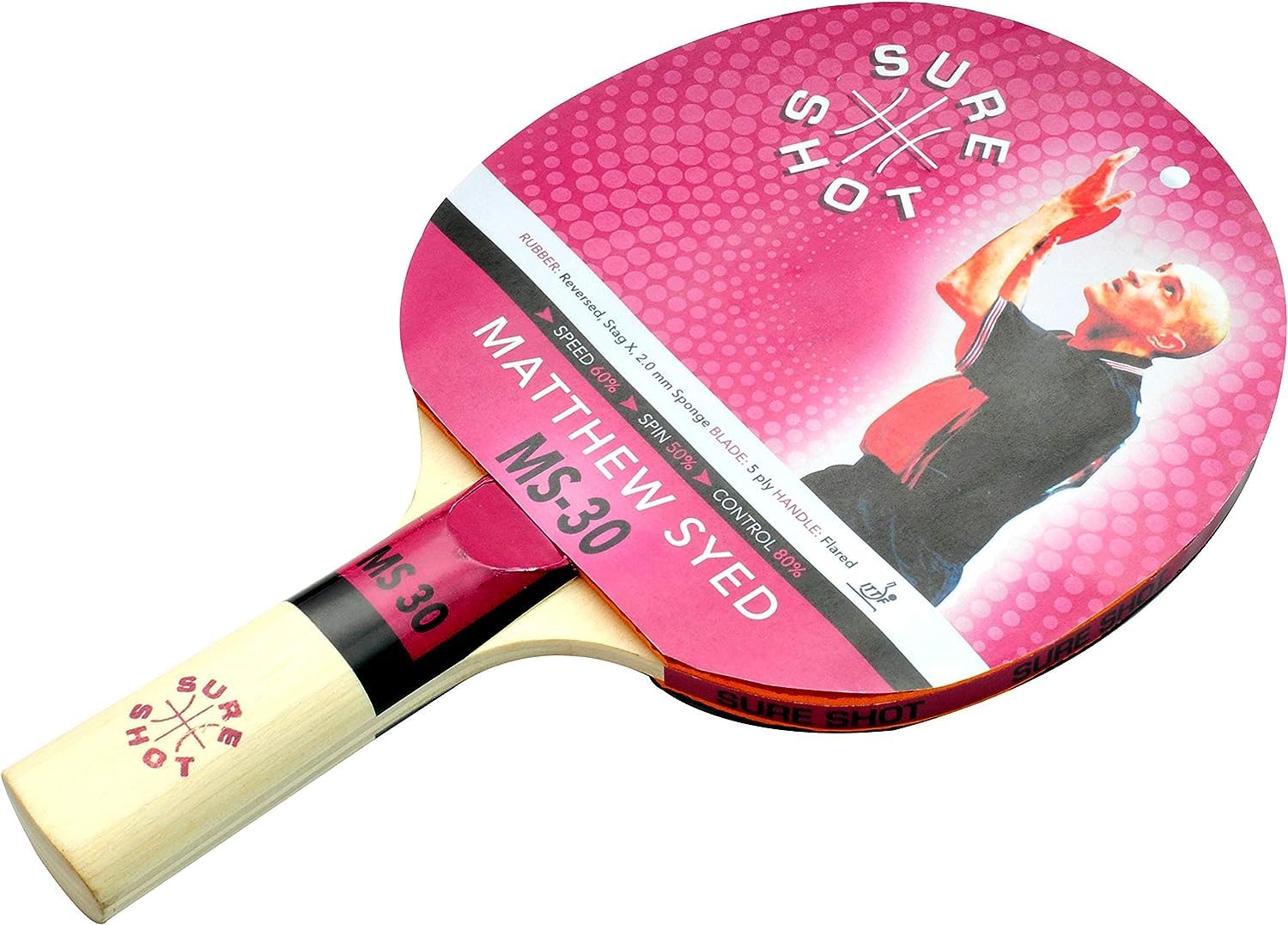 Sure Shot Matthew Syed MS-30 Ping Pong Bat – ITTF Approved Table Tennis Racket | 2.0mm Stag X Rubber | Ideal for Developing Players | Superior Control and Spin | Flared Handle Design