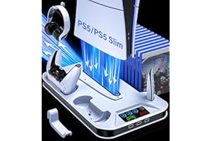 RJAD PS5/PS5 Slim Cooling Station, PS5 Slim Stand with Dual Controller Charging Station for PlayStation 5 Slim & PS5, PS5 Vertical Stand Accessories incl. Ps5 Cooling Fan, USB Hubs, Headset Holder