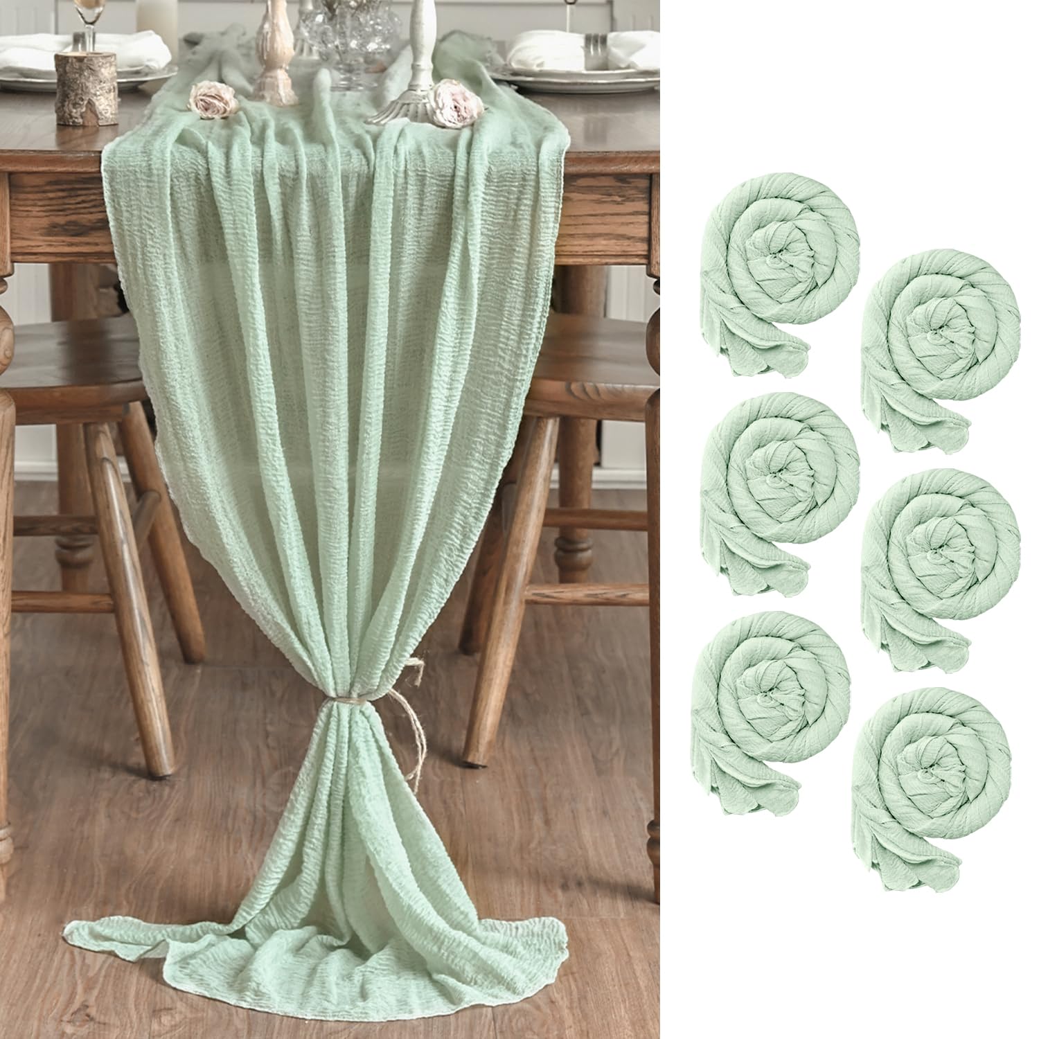 Artoid Mode Boho Sage Green Gauze Wedding 6 Packs Cheesecloth 300 cm Table Runner, Bridal Fabric Kitchen Dining Holiday Table Decor for Home Party