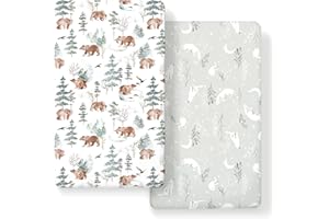 GRSSDER Stretchy Ultra Soft Jersey Knit Fitted Crib Sheets Set 2 Pack，Fit All Standard Crib Mattress Pads Safe and Snug, Stylish Pattren of Bear and Wolf Print