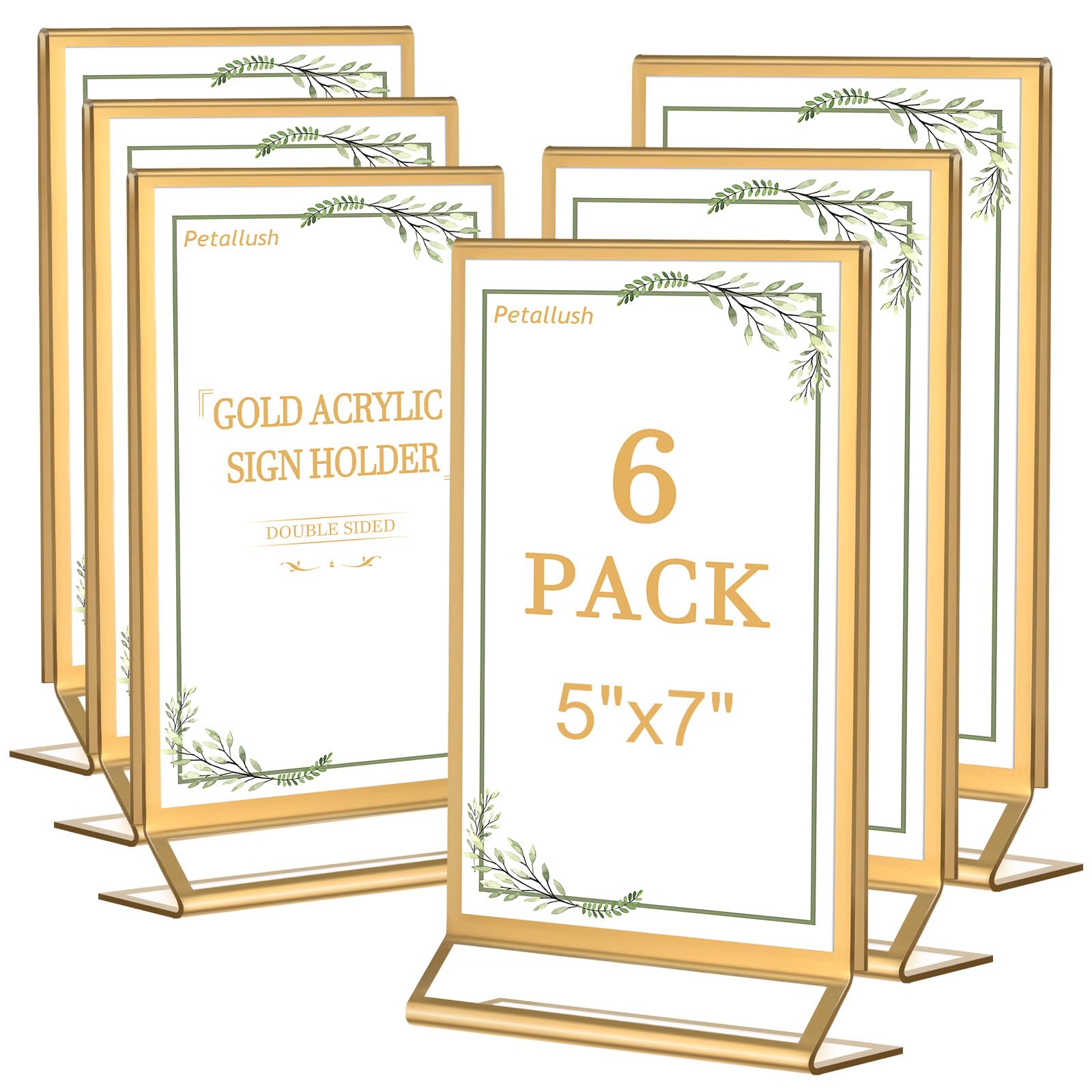 Photo 1 of 6PCS Gold Acrylic Picture Frame Stands Holders for Tables Display 5x7, Double Sided Acrylic Wedding Table Number Sign Holder, Clear Menu Flyer Paper Holder for Wedding Party Decor