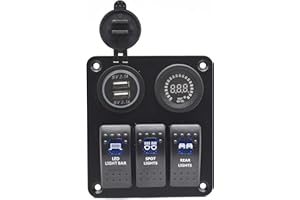 3 Gangs Rocker Switch Panel with Digital Voltmeter and Dual USB Charger for car Marine Boat RV Vehicle