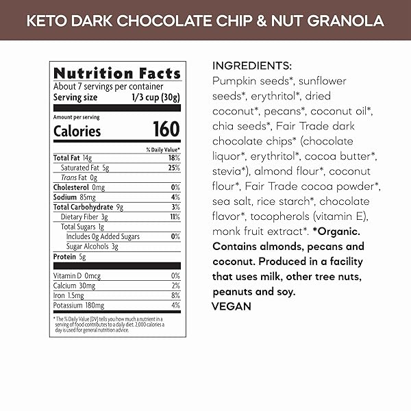 NATURE’S PATH ORGANIC KETOLA CRUNCH® DARK CHOCOLATE CHIP & NUT GRANOLA, 8 OZ (PACK OF 1), GLUTEN FREE, NON-GMO, FAIR TRADE