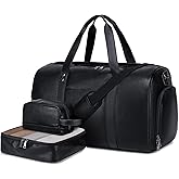 Wogarl 3PCS Leather Weekender Bag for Women Men: Large Overnight Travel Duffel Bags with Shoe Compartment Toiletry Packing Cube Carry On Tote Fit 21"(Black)