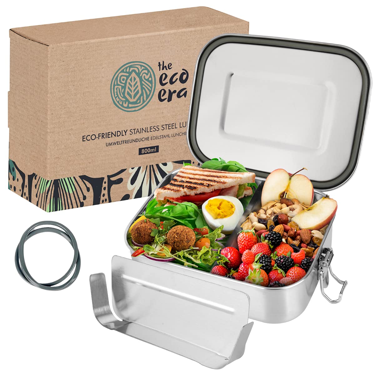 Urbavo Stainless steel lunch box and lunch box, leak-proof, environmentally friendly Eco Bento box, plastic with flexible compartments, closure clips, easy to clean, 800 ml or 1400 ml (800 ml)