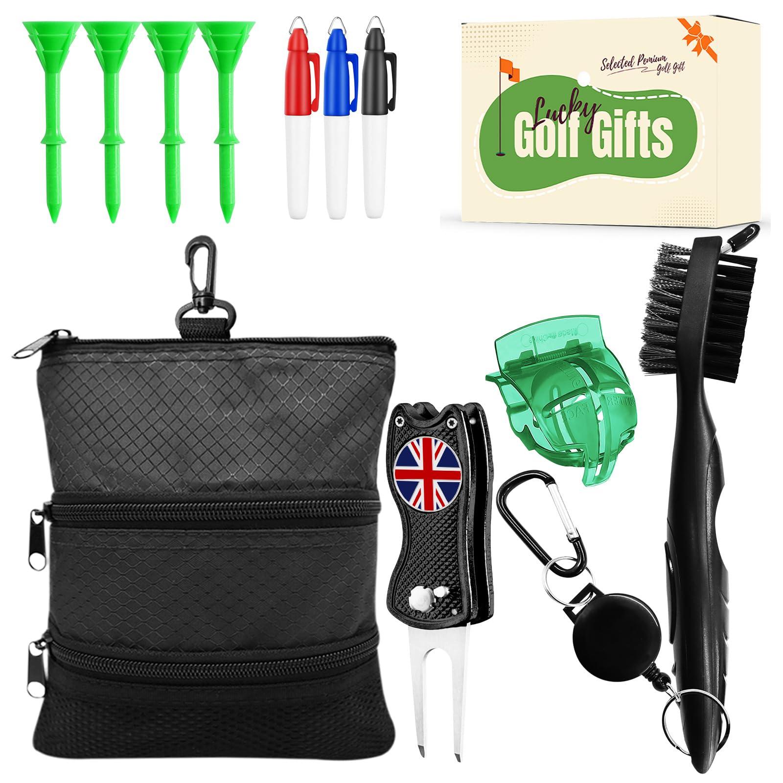 Golf Gifts Set for Men Women Mulitifunctional Golf Accessories Box, Golf Pouch Bag, Golf Club Brush Cleaner,Golf Ball Liner, Foldable Divot Repair Tool with Ball Marker, Golf Tees (5 Pieces)