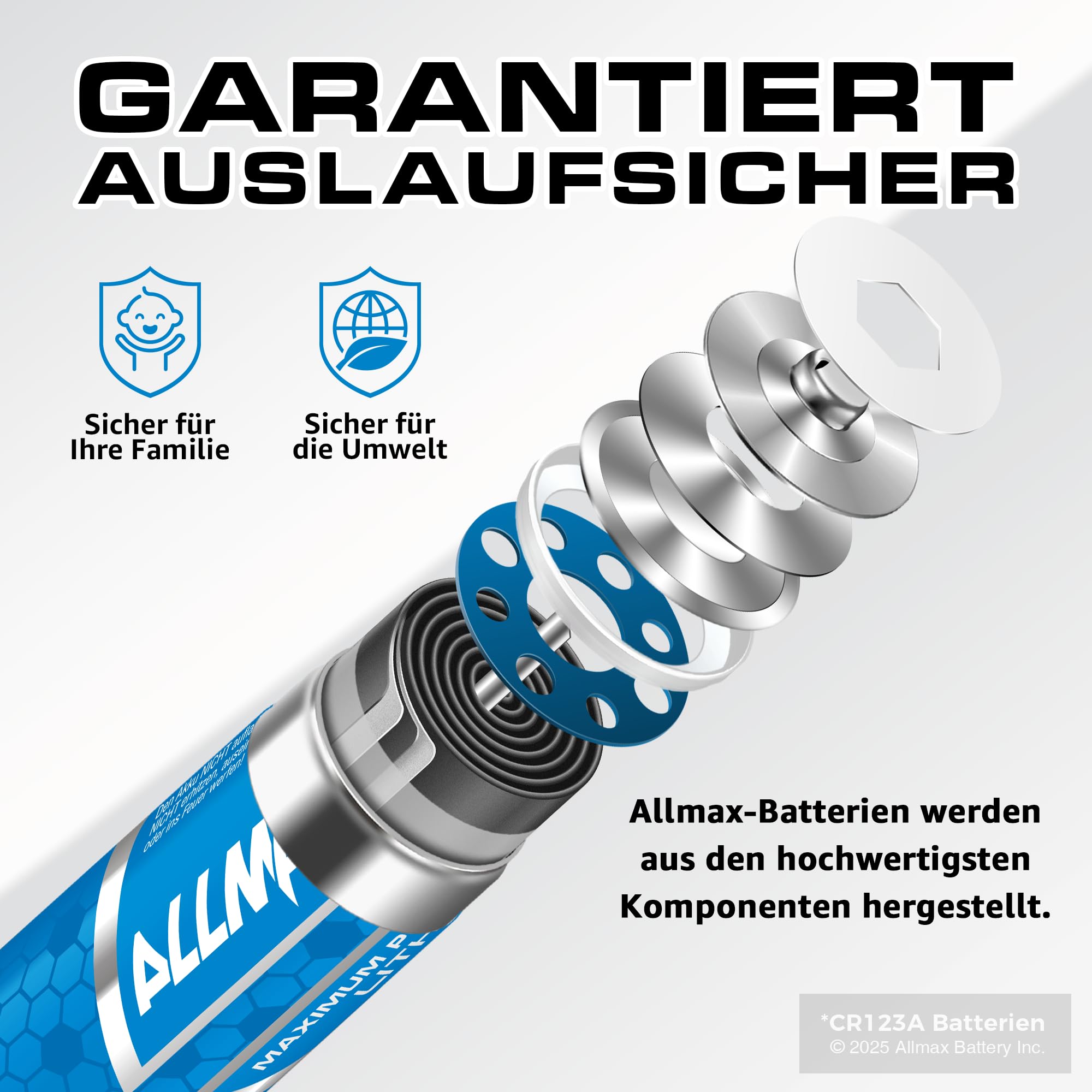 Allmax CR123A Maximum Power Lithium Batterien (6 Stück) – Längste Lebensdauer, auslaufsicher, 10 Jahre Haltbarkeit, ultimative Leistung, perfekt für drahtlose Sicherheitssysteme (3 V) 4