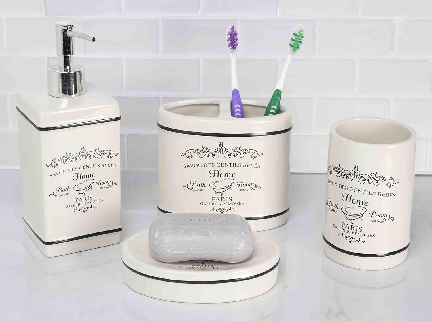 Home Basics Paris Collection 4 Piece Bathroom Accessories Set Featuring a Soap Dispenser, Toothbrush Holder, Tumbler, and Soap Dish: Kitchen & Dining