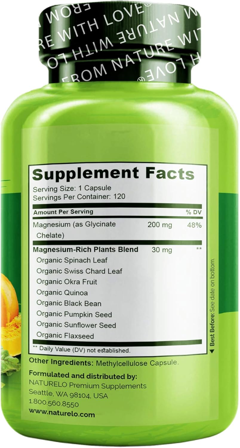 NATURELO Magnesium Glycinate Supplement - 200 mg Natural Glycinate Chelate with Organic Vegetables - Best for Sleep, Calm, Anxiety, Muscle Cramp & Stress Relief – Gluten Free, Non GMO - 120 Capsules: Health & Personal Care
