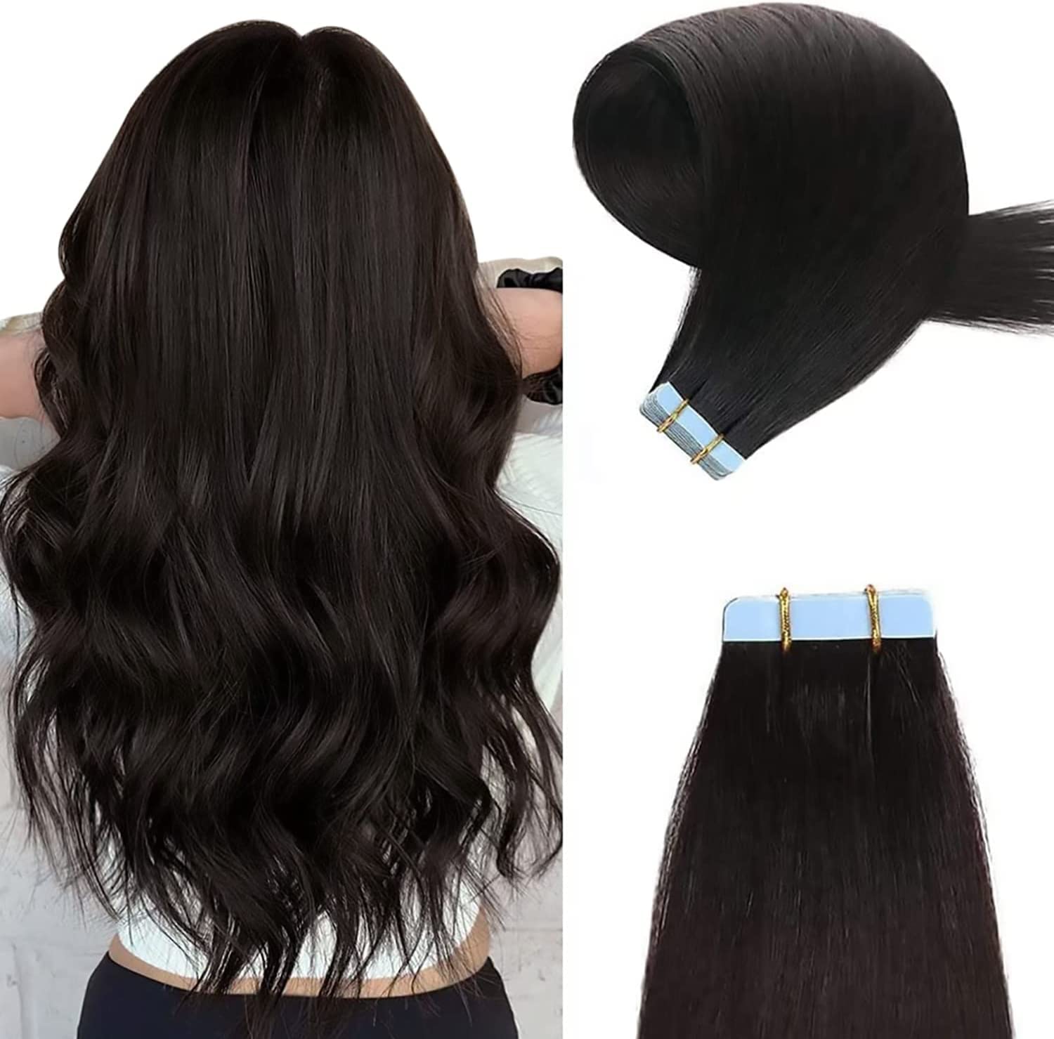 YILITE Tape in Extensions Human Hair 20pcs Invisible Tape Hair Extensions Real Human Hair 60g/Pack Salon Remy Seamless Straight Skin Weft 26 Inch #1B Off Black — image 1