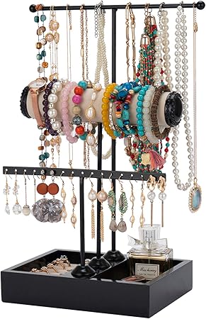 Rings Tray Freestanding Tabletop with Dish Bracelets Storage Holder Stand Tower Tree Black Necklaces Organizer OwlGift 3 Tier Capacity Jewelry Display 48 Holes Earring Hanger