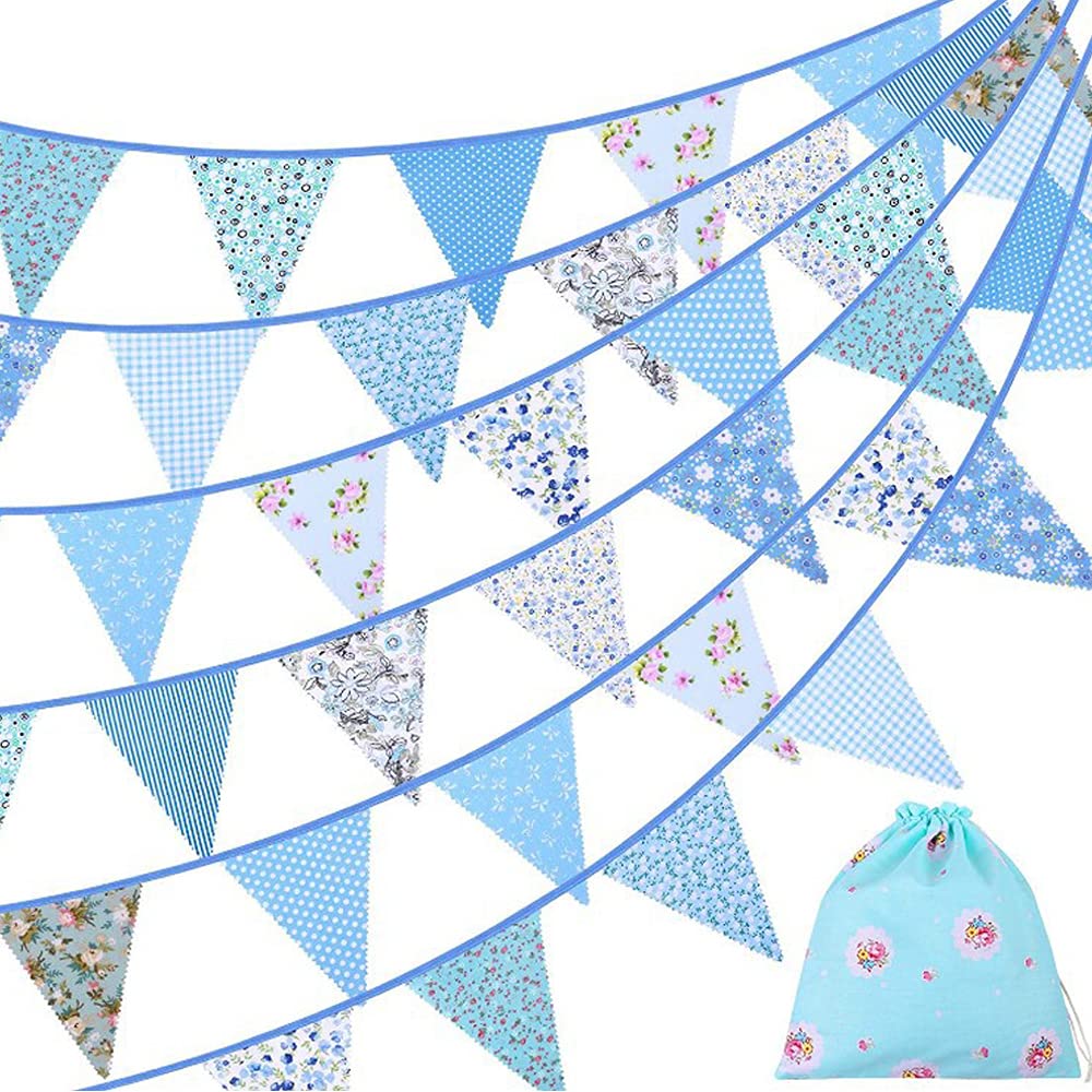 Pppby 40ft Fabric Bunting Banner Vintage Flag Garden Bunting, 42 pcs Floral Pennants Triangle Flags Garland for Garden Wedding Baby Shower Birthday Party Decoration, Blue, Medium