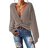 Pink Queen Women's 2025 Casual Pullover Sweaters Sexy V Neck Long Sleeve Twist Knot Cropped Knit Sweater Tops