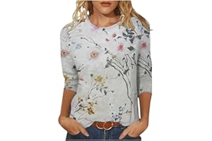 DOLKFU Shirts for Women Trendy Summer 3/4 Length Sleeve Boho Floral Graphic Print Blouses Tops Crewneck Casual Shirt