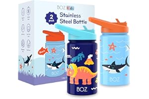 BOZ Kids Insulated Water Bottle with Straw Lid - Two-Pack Shark/Dinosaur Stainless Steel Vacuum Double Wall Toddler Water Bot