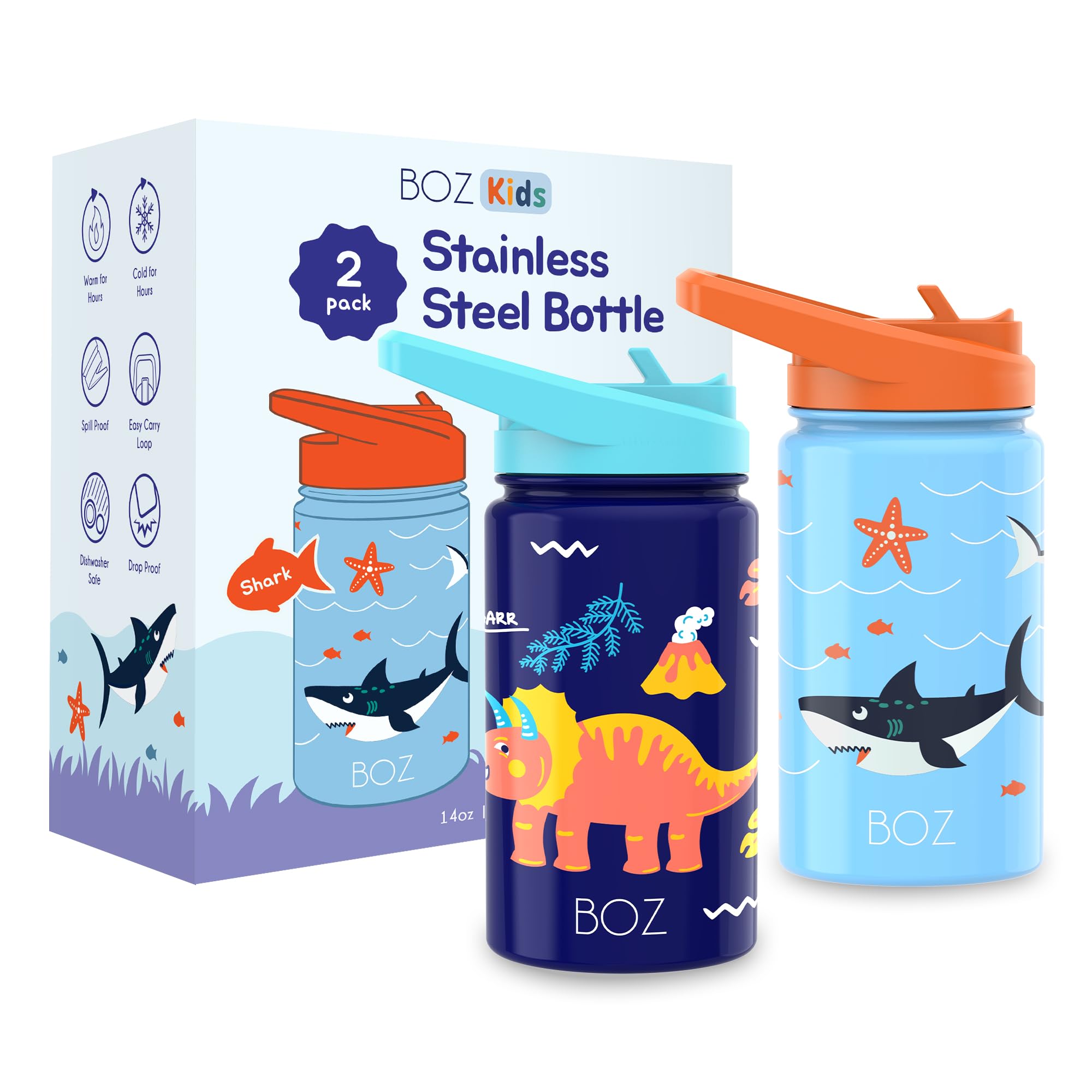 BOZ Kids Insulated Water Bottle with Straw Lid - Two-Pack Bundle, Shark/Dinosaur Stainless Steel Vacuum Double Wall Water Cup, 14 oz (414ml). Scratch-Resistant, Carry Handle, and Dishwasher-Safe
