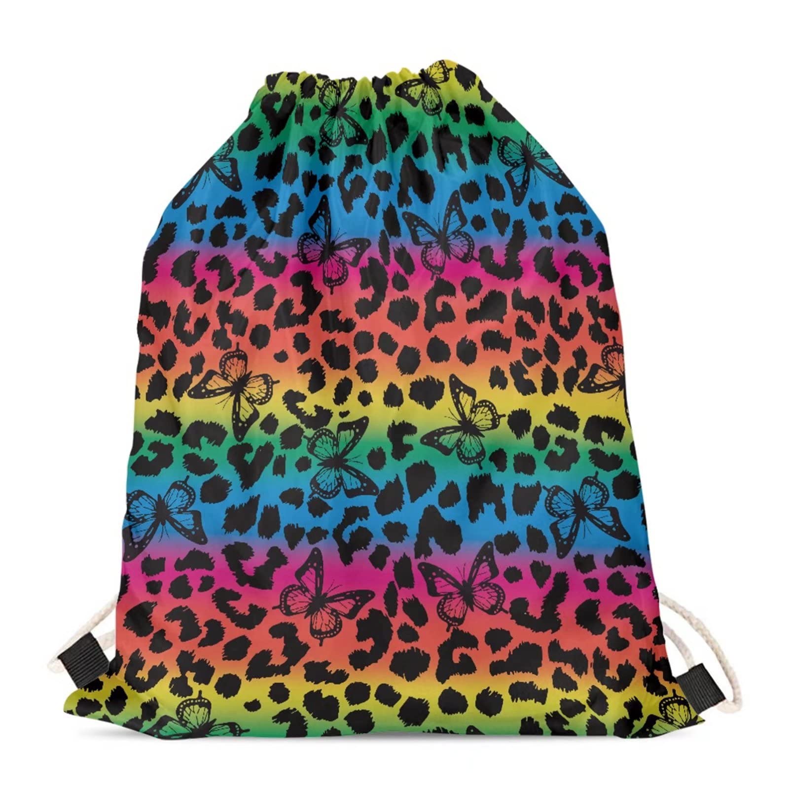 BYCHECAR Leopard Rainbow Swimming Bags for Women Beach Travel Butterfly Drawstring Backpack,Kids School Bookbag Student PE Pouch Camping Hiking Gym Sack