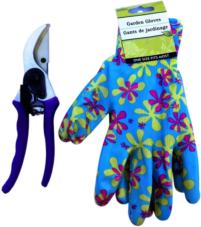 Carbon Steel Bypass Pruner and Gardening Gloves- Shears for Landscaping- Garden Hand Tool - Gift Set