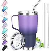 30 oz Stainless Steel Tumbler with Handle, Double Wall Vacuum Insulated Coffee Mug Tumbler with Lid and Straw, Thermal Cup for Cold and Hot (Purple Navy Blue)