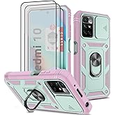 Anouke for Redmi 10 Case, Redmi 10 Cover with 3 Pcs Tempered Glass Screen Protector Built in Ring Stand Kickstand + Camera Cover, Hard PC Soft TPU Defender Full Body Protective Armor Case - Green/Pink