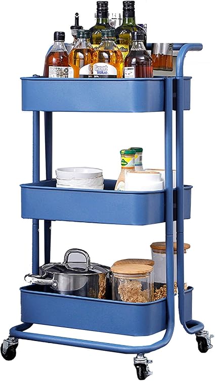 Amazon キッチンワゴン 3段キッチン収納トロリー ドレンバスケットとアームレスト付き大容量収納ユニット ベージュブラックブルーホワイトイエロー Color Blue キッチンワゴン 収納カート 通販