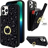 TopPerfekt Compatible with iPhone 13 Pro Max Wallet Case with Card Holder, 360°Rotation Finger Ring Holder Kickstand Protective RFID Blocking PU Leather Pattern Double Buttons Flip Cover 6.7" Leopard