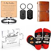 Flotreif Brother Birthday Gift Set from Sister for Brother Adult Men Funny + Inspirational 5-Piece Gift Bracelet, Socks, Leather Journal, Plaque &amp; Keychain Birthday/Christmas/Just Because