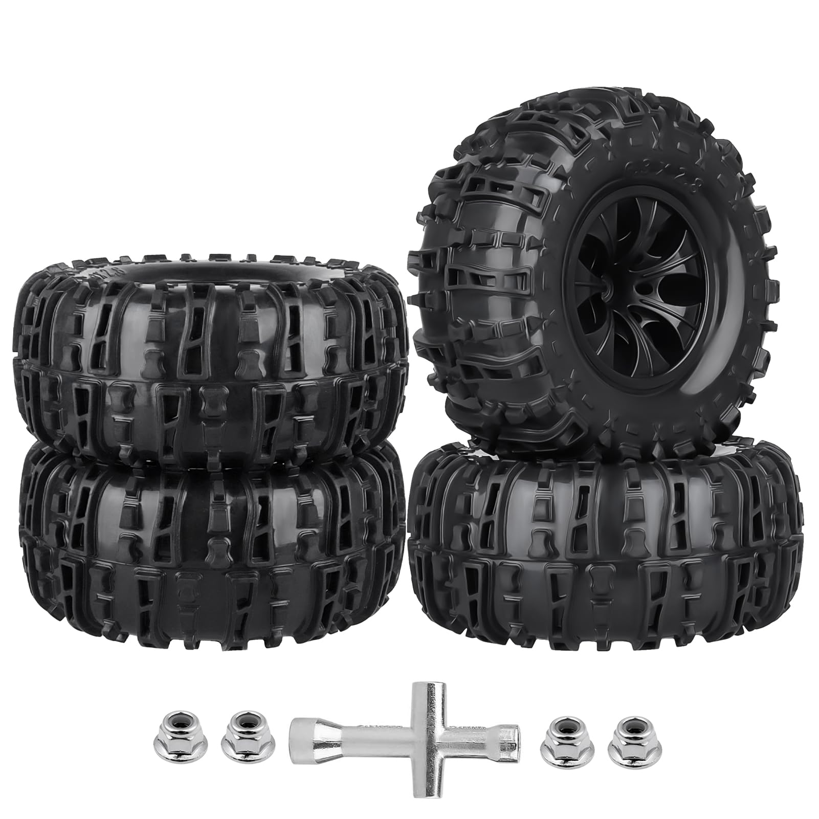 Photo 1 of FriHobby Pre-Glued Huge OD 6.3"(160mm) 1/10 RC Truck Tires and Wheels Set 2.8 RC Tires 12mm Hex for Traxxas Rustler Hoss Stampede 4x4 & 2WD Redcat Blackout 1/10 Scale RC Monster Truck Replacement