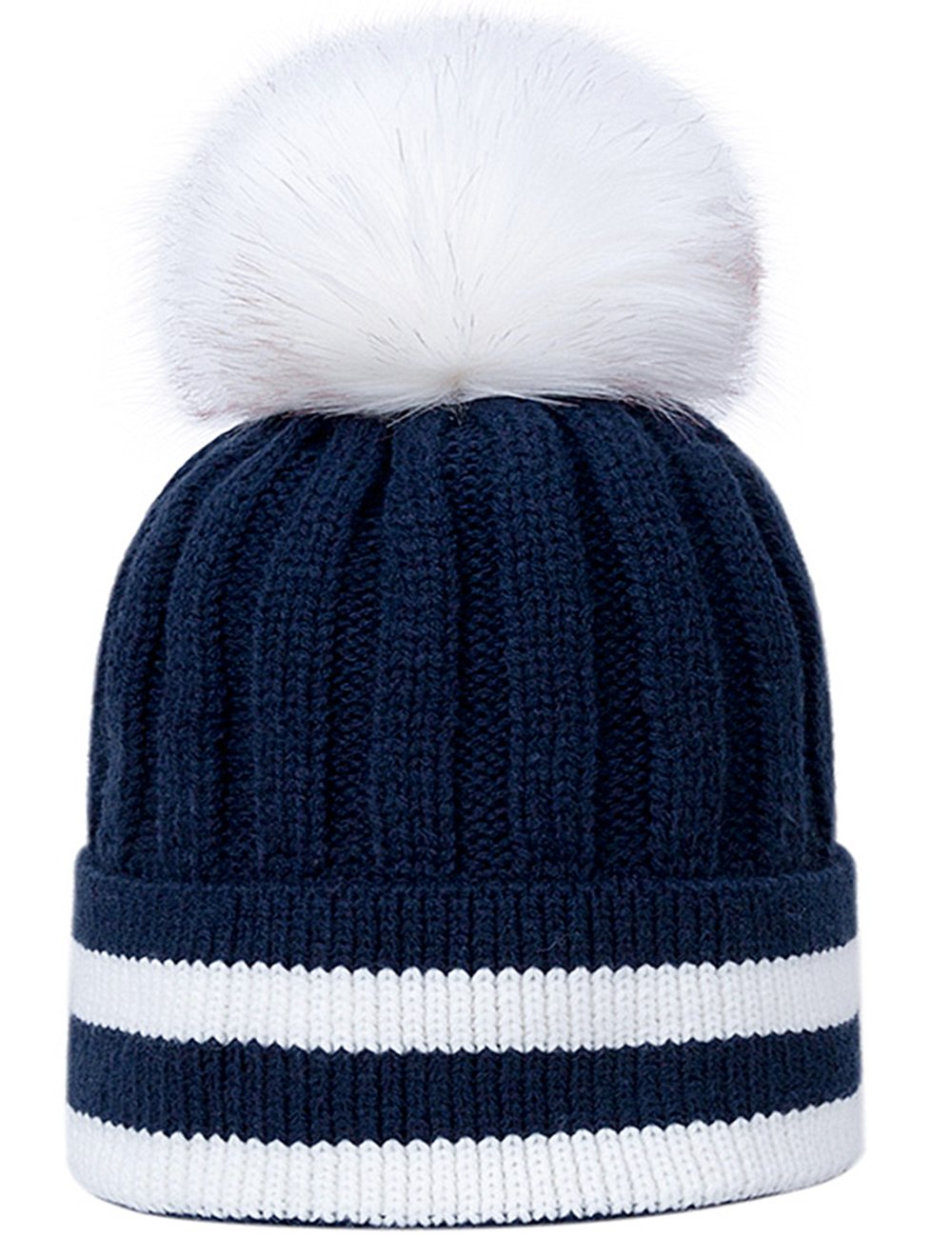 EVRFELAN Pom Pom Cotton Beanie Winter Hat Knitted Thick Warm Cute Caps Women Girls (Navy blue)