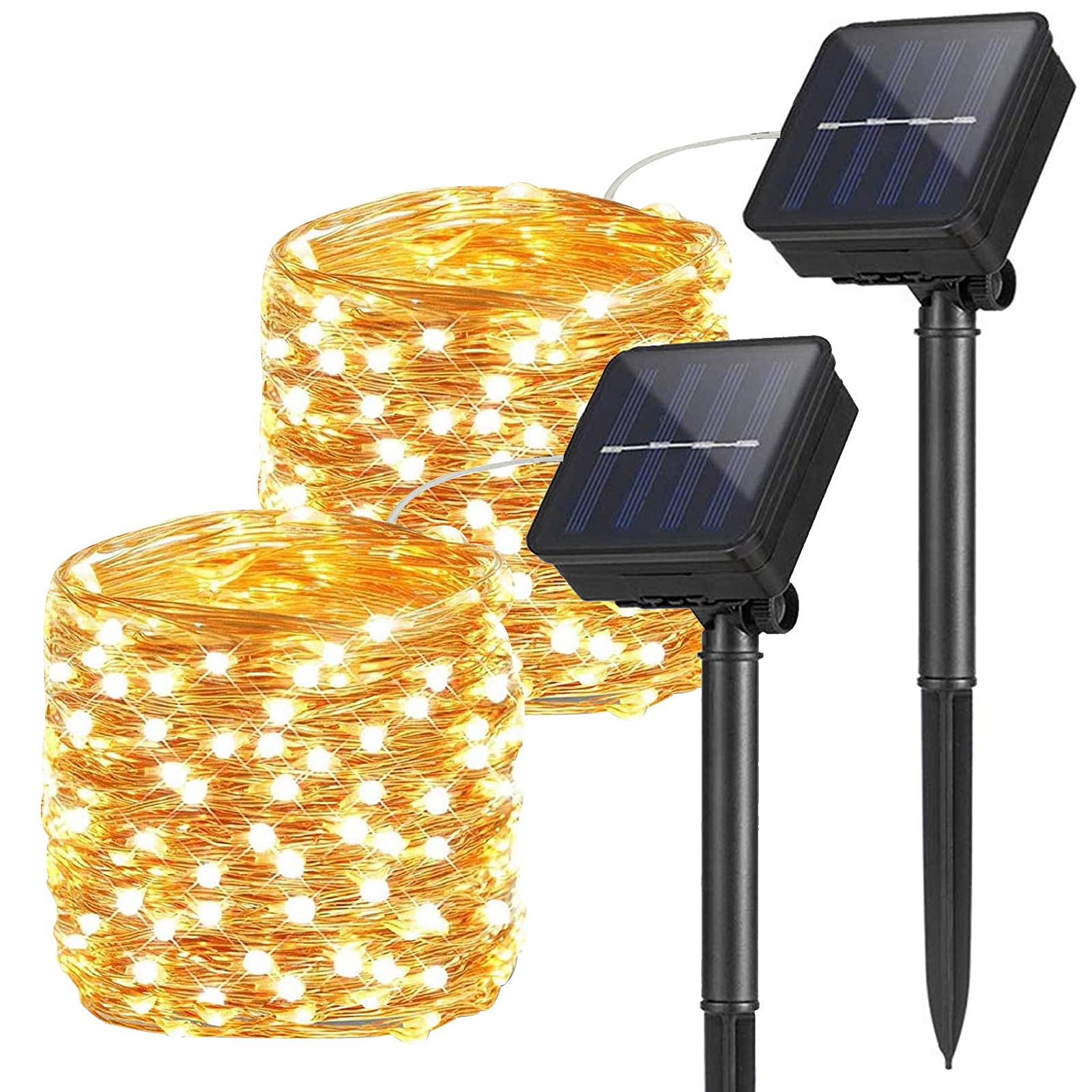 2 Packs Solar String Lights Outdoor, 10M/33FT 100 LED Fairy Copper Wire Lights, Waterproof Auto ON/OFF Decoration Rope Lights for Garden Patio BBQ Yard Lawn Trees Christmas Wedding Party, Warm White